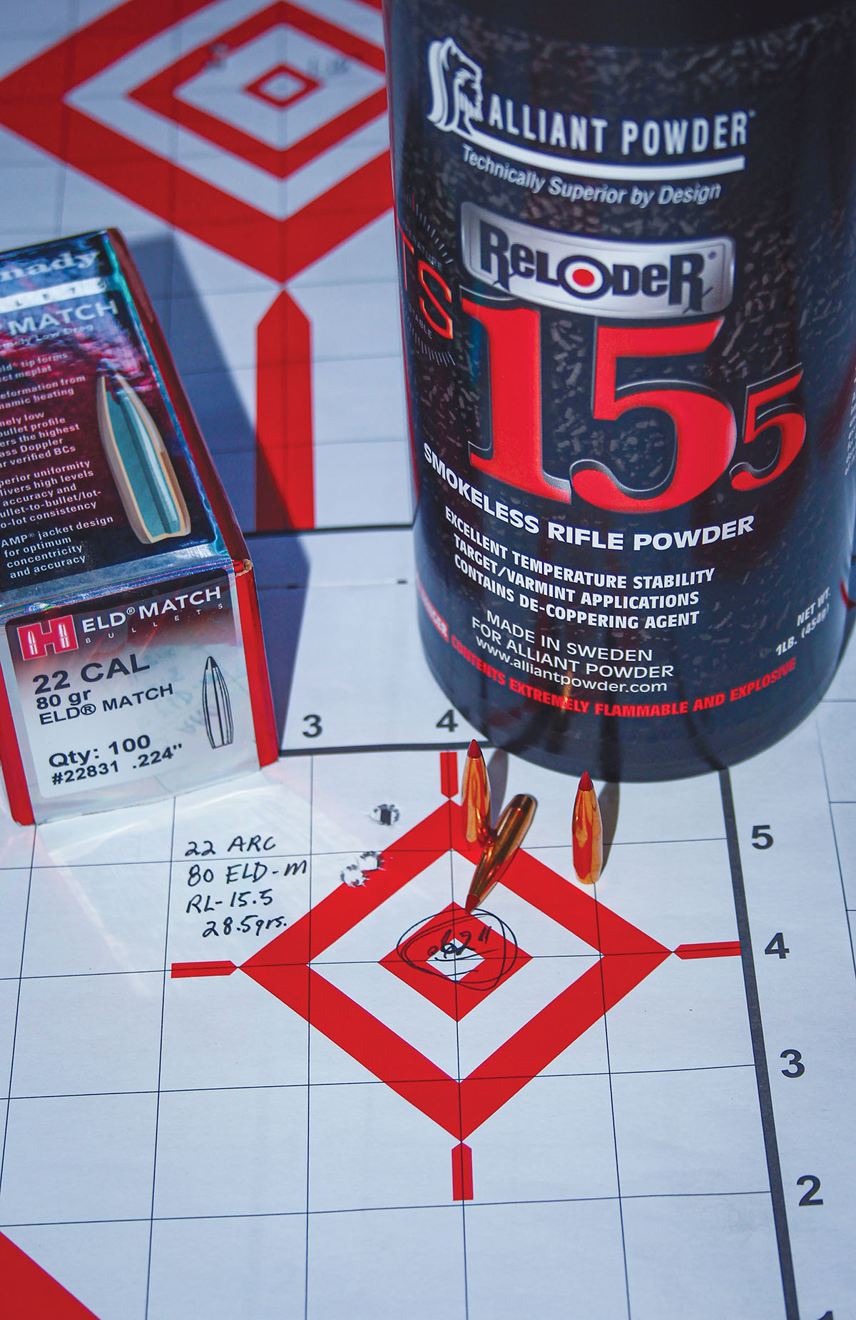 The 22 ARC Fence Line Mini Action produced its best group using Hornady’s 80-grain ELD Match bullet and 28.5 grains of Alliant Reloder TS 15.5 powder. That three-shot/100-yard group measured .62 inch center to center and was sent at 3,086 fps.